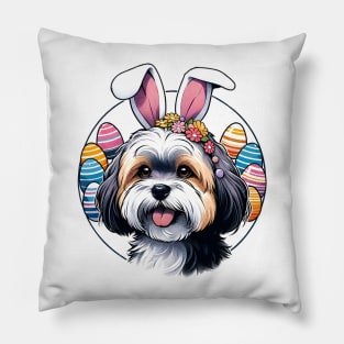 Lowchen Enjoys Easter with Bunny Ears and Eggs Pillow