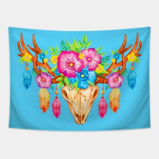 Feathers and Flowers Boho Skull Tapestry