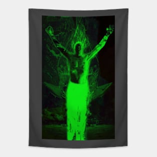 Portrait, digital collage and special processing. Shirtless man, stands. All chakras opened. Mystic. Green. Tapestry