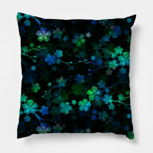 Bright Neon Green and Blue Cherry Blossom Flowers and Vines Pillow