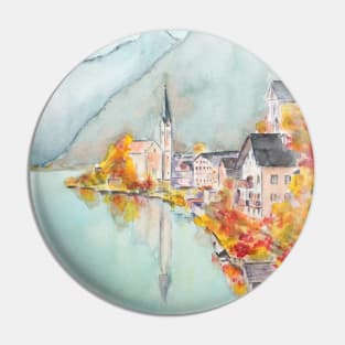 Hallstatt in autumn watercolor Pin