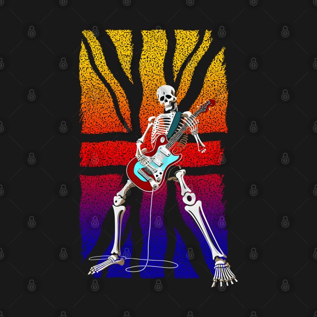 Skeleton Guitar Player, Playing Rock And Roll, Heavy Metal with UK flag in rainbow colors by Lefteris