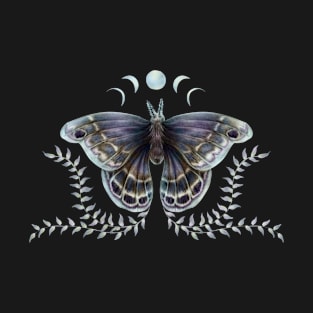 Peacock moth with leaves and the moon phases T-Shirt