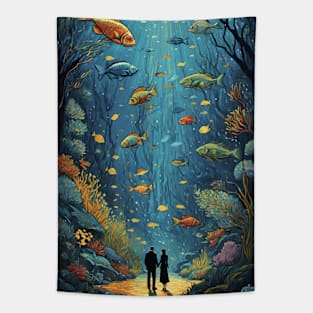 Starry Night Serenade: Van Gogh-Inspired Oceanic Harmony with Loving Couple Tapestry