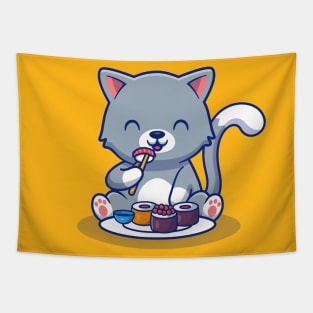 Cute Cat Eating Sushi Tapestry