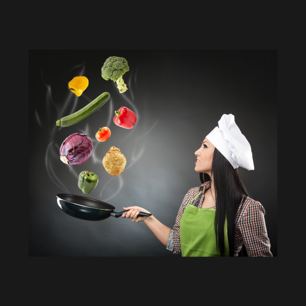 Skillful cook lady throwing veggies by naturalis