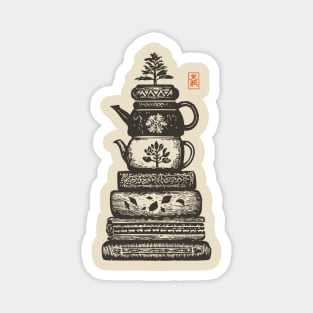 Whimsical Stacked Teapots and Books Zen Illustration Magnet