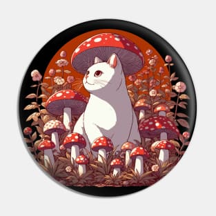 Funny Vintage White Cat in Mushroom Garden Pin