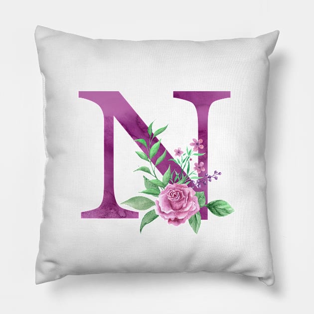 Floral Monogram N Beautiful Rose Bouquet Pillow by floralmonogram