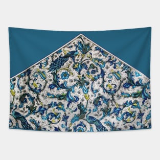 FLORENTINE RENAISSANCE FLOWERS Peacocks ,Butterflies.Blue Floral Swirls, Leaves Tapestry