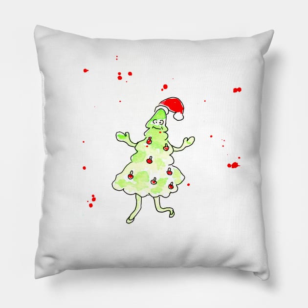 Christmas tree in Santa Claus hat,  xmas, holiday. Watercolor illustration on a winter theme, congratulations Pillow by grafinya