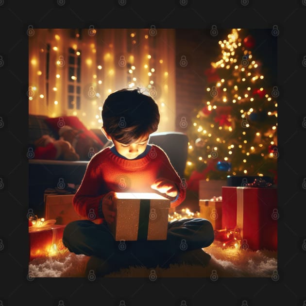 Young child opening a wondrous glowing gift on Christmas morning generative ai by clearviewstock