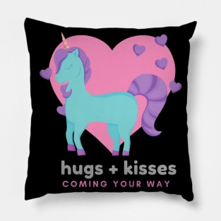 Unicorn With Heart & Hugs + Kisses Coming Your Way Text Pillow