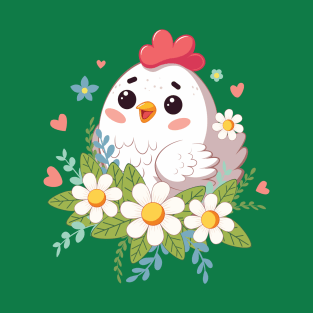 Happy kawaii chicken with flowers T-Shirt