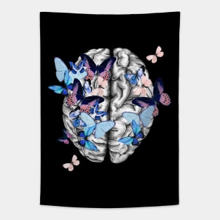Brain human anatomy,blue butterflies,mental, watercolor Tapestry