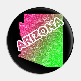 Colorful mandala art map of Arizona with text in pink and green Pin