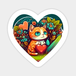 Bright Eyed Orange Cat With Big Heart In The Garden - Funny Cats Magnet