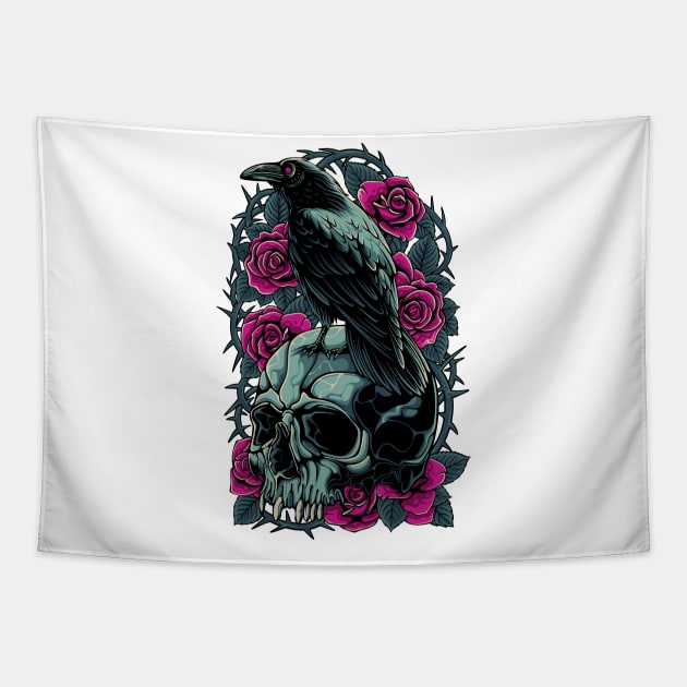 Bird Skull And Thorny Flower Tapestry by Wagum Std