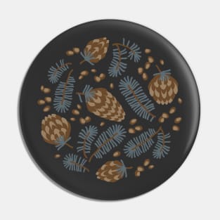 Pattern of coniferous twigs, nuts and cones (dark) Pin