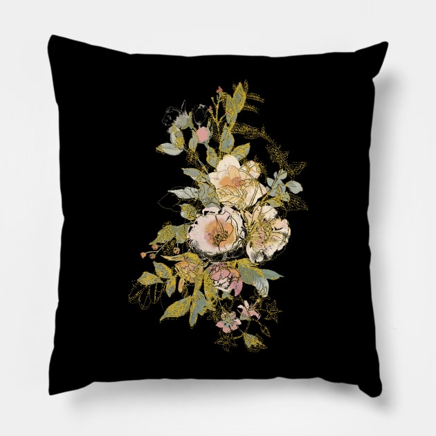 Golden Elegance: Design Featuring Sprinkled Wild Roses Pillow by Lighttera