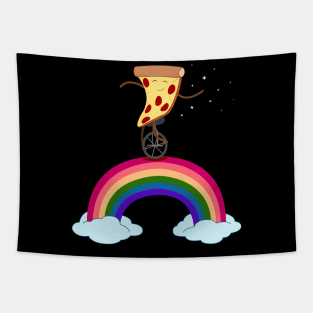 Funny Pepperoni Cheese Rainbow Pizza On Wheels In Space Riding Unicycle Rainbow Planet Stars Tapestry