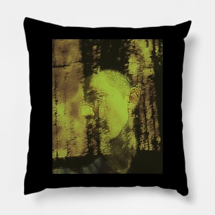 Portrait, digital collage and special processing. Masterpiece. Man looking to car window, reflection. Summer. Desaturated yellow. Pillow