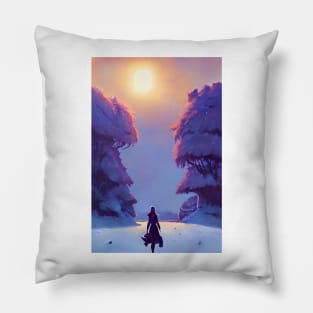 Anime Girl Sunshine Snowy Christmas Landscape Pillow