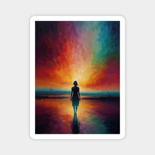 Woman Standing on Shoreline at Sunset With Radiant Sky Reflections in Water Magnet