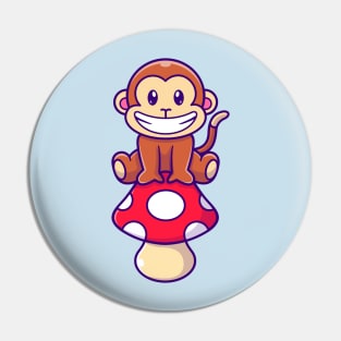 Cute Monkey Sitting On Mushroom Cartoon Pin