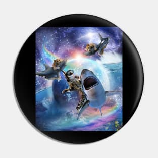 Rainbow Galaxy Cat Riding Shark In Space Pin