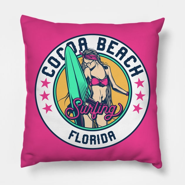 Retro Surfer Babe Badge Cocoa Beach Florida Pillow by Now Boarding