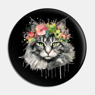 Maine Coon Cat Flowers Water Color Cat Mom Mother's Day Gift Pin