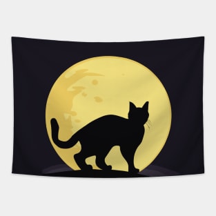 Black cat at night yellow full moon Tapestry