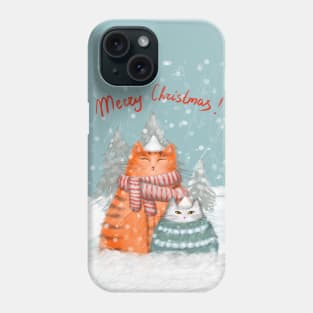 Merry Christmas greeting winter card with cute fluffy cats in red Santa hats and scarves. Phone Case