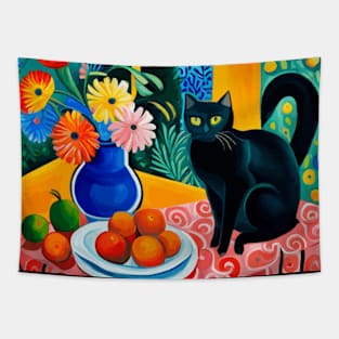 Cute Black Cat with Fruit and Flowers Still Life Painting Tapestry