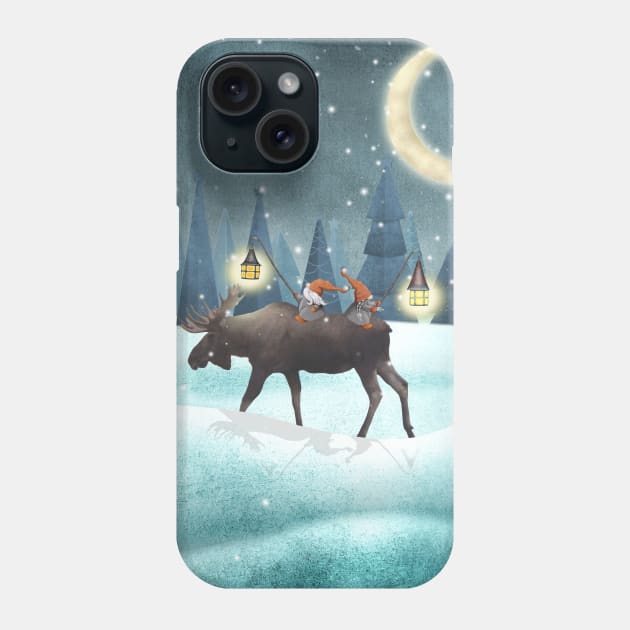 Scandinavian gnomes with moose watercolor illustration. Cute Christmas gnomes in snow forest. Winter fantasy moon night. Swedish Nordic funny gnomes Phone Case by likapix