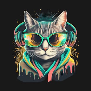 Neon Groove: Feline Beats and Shades Tee! T-Shirt