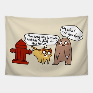 Cat and Sloth Fire Hydrant Tapestry
