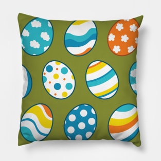 Egg Pattern | Blue Yellow Orange | Stripes Clouds Flowers Dots | Dark Green Pillow