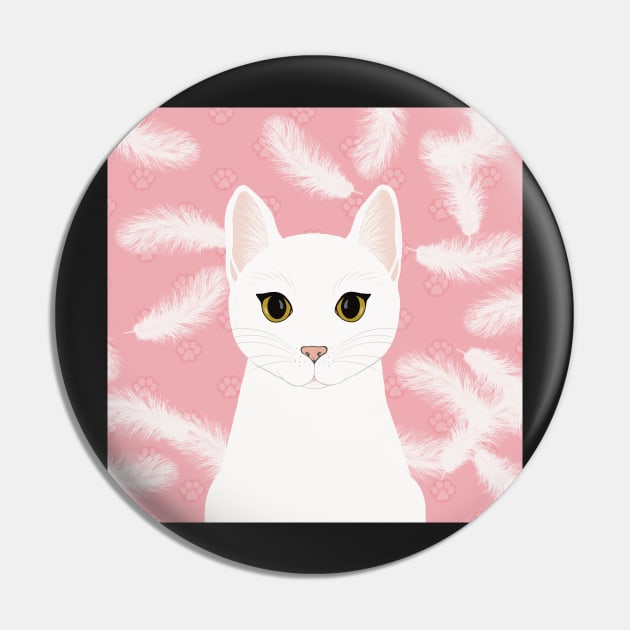 The cute white cat queen is watching you , white feathers and small kitten footsteps in the pink background Pin by marina63