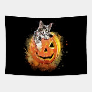 Cat and Jack O Lantern Gray Tapestry