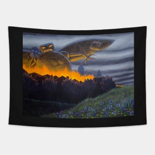 Evil Robot with Field of Flowers Tapestry