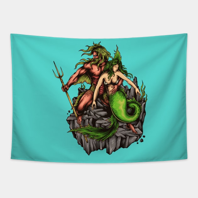 Aqua man with mermaid Tapestry by RamsApparel08