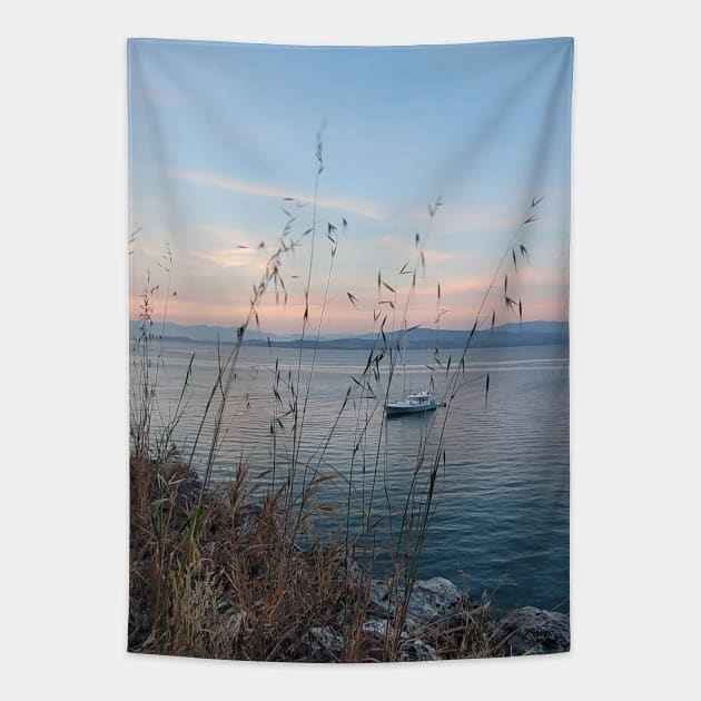 Serene Ocean Sunset: Boat Amidst Weeds Tapestry by HFGJewels