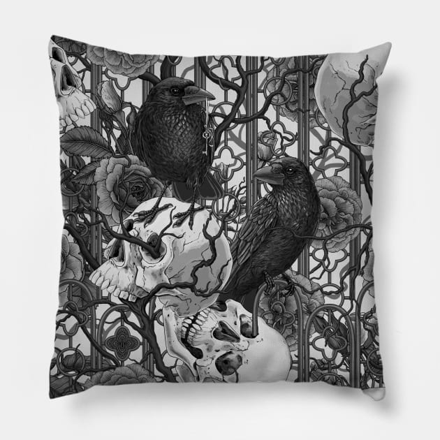 Raven's secret. Dark and moody gothic illustration with human skulls and roses, monocrome on white Pillow by katerinamk