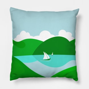 Hills Lake Sailing Boats Summer Day Landscape Pillow