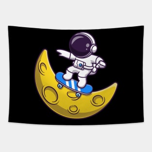 Astronaut Playing Skateboard On Moon Cartoon Tapestry