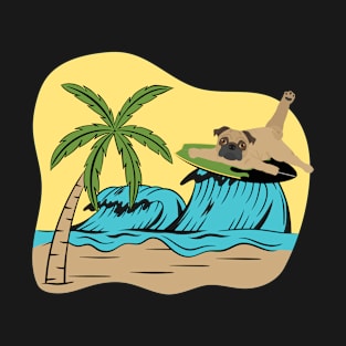 Pug Dog Surfing on the Sea Wave on the Summer Beach T-Shirt