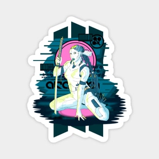 hot robot holding a katana, cyberpunk design. pink and blue. Magnet