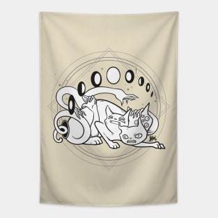 Spooky Cute Three Headed Cat With Moon Phases Tapestry